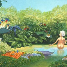 Oil painting of Mrs Millie bathing in a pond. Painted by artist Matt Ottley