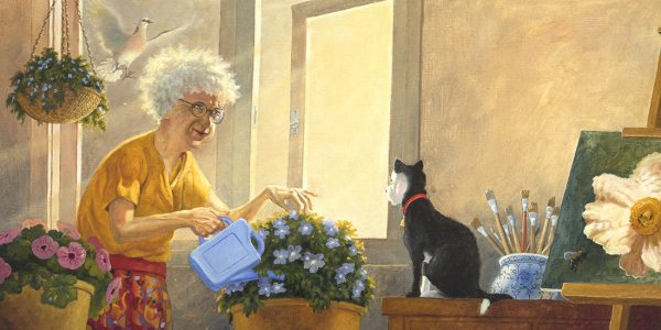Mrs Millie watering her flowers while Socrates her cat watches on.
