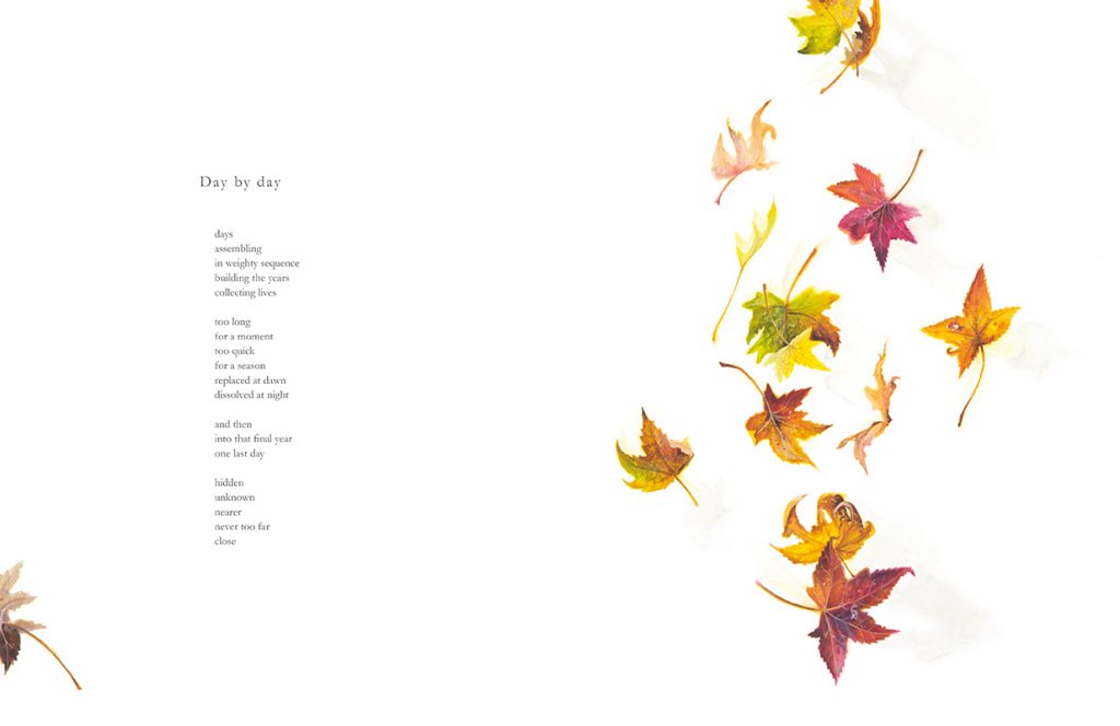 Illustration of autumn leaves falling by artist Tina Wilson for the poem Day by Day by Nicholas Bennett